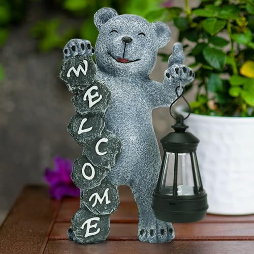 Cuteefun Grauer Bär Solar Gartendeko für Draußen, Garten Tier Dekoration mit Solar Licht, Wetterfest und Langlebig, Deko Draußen Figuren für Garten Rasen, Housewarming Frauen Mum Geburtstag Geschenk
