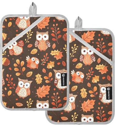 Lot de 2 maniques en forme de chouettes d'automne pour la cuisine, le four, le four à micro-ondes et les maniques résistantes à la chaleur