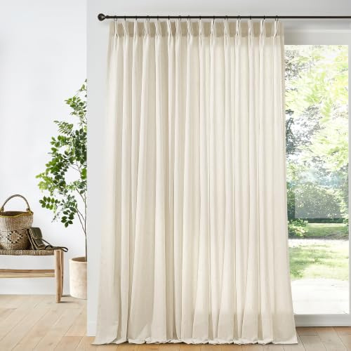 Extra Wide Pleated 96 Inch Long Linen Curtains 100 Inches Wide for Living Room Light Filtering Semi Sheer Pinch Pleat Cream Beige Curtains for Ceiling Patio Glass Sliding Door 96 Inch Length 8FT