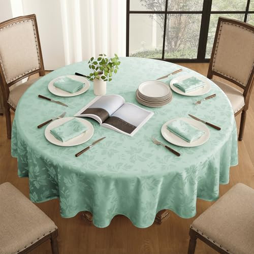 Romanstile Tischdecke rund 140 abwaschbar Mint Grün Frühling Luxuriös Blätter Damast Muster wasserabweisend Tischtuch Table Cloth für Geburtstag,Ostern,Spring,Outdoor,Garten,Balkon