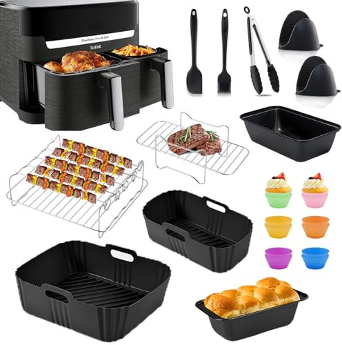 Accessori Friggitrice ad Aria per Moulinex EZ9018 Dual Easy Fry 5,2/3,1L – 23 Pezzi Accessori ad Aria – Riutilizzabile Tappetino in Silicone Griglia, per Moulinex/Tefal 8,3L