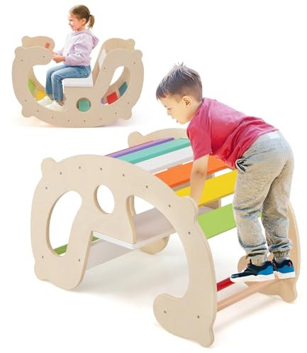 GYMAX 2 in 1 Arco a Dondolo per Bambini, Set Arrampicata Montessori e Cavallo a Dondolo in Legno con Schienale e Sedile, Giostra Interna in Palestra per Giochi Didattici, Regalo per Ragazzi 1+ Anni