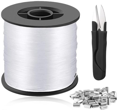 Strong Clear Invisible Hanging Wire, 200M Clear Nylon Thread, 0.8 Mm Strong Clear Picture Hanging Wire with 120 Aluminum Crimping Sleeves & Scissors for Picture Hanging Decoration and Crafts