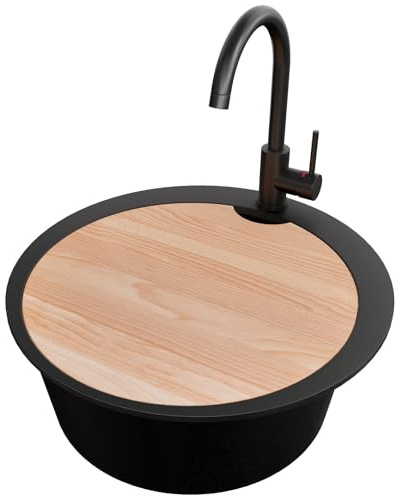 PRIMAGRAN Granitspüle ab 50er Unterschrank + Küchenarmatur, 53x53cm | Set: Küchenarmatur BW5010 + Ablauf-Set + Schneidebrett + Spülbecken Rund 1 Becken - Piza, Alles Schwarz