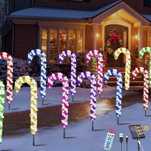 VEEKAY 12 Stück Solarleuchten für Weihnachten, Outdoor, Weihnachtsdekoration für den Außenbereich, mit 8 Modi, wasserdicht, Zuckerstange, LED-Lichterkette