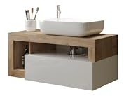 Robas Lund Hamburg Waschtisch, Modern, Badezimmer, 92x61x49 cm, Weiß Hochglanz/Eiche Cadiz, Holzwerkstoff mit Melamin, Wandmontage, mit Keramik-Waschbecken