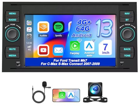 4+64G Car Stereo for Ford Transit Mk7/C-Max S-Max Connect 2007-2009, 7 inch with carplay Android Auto GPS Navi Bluetooth 32EQ DSP Wifi Mirror Link Split Screen SWC+ Backup Camera Mic
