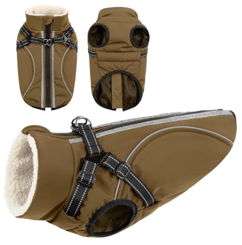 CITÉTOILE Wasserdichter Winter Hundemantel mit Geschirr Fleece Braun S | Warme Hundejacke mit Reißverschluss, Wintermantel mit Reflektorstreifen für kleine Mittel Große Hunde, mit Bauchschutz