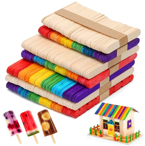 350 Stück Holzstäbchen, Eisstiele Holz Bunt, Holzstäbe zum Basteln, Eisstäbchen Holz für Basteln, Popsicle, DIY, Backen, Handwerk und Geschenke, Natürlich & Bunt