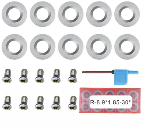 MeevrgR Lot de 10 inserts en carbure pour tour à bois, forme ronde de 8,9 mm, angle de 30 degrés, avec vis et clé pour bois dur, bois tendre, MDF, contreplaqué et panneaux de particules
