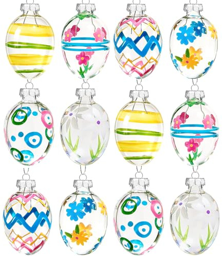 YIYA 12 Stück Glas-Osterei-Dekorationen handbemalt Pastellfarben hängende Ostereier für Ostertanne Kranz Haus Feiertagsfeier Weihnachtsdekoration