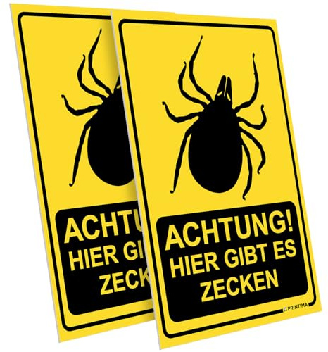 PRINTIMA 2x Schild 21x32 cm ACHTUNG! HIER GIBT ES ZECKEN – wetterfeste Warnschilder aus PVC inkl. Schrauben & Dübel – ideal für Waldgebiete, Wiesen, Spielplätze & Spazierwege