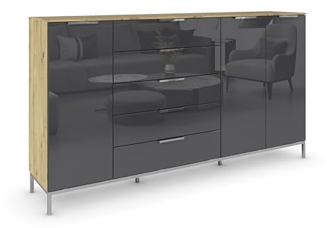 Rauch Möbel Flipp, Kommode, Farbe Glas Basalt/Eiche Artisan, Breite 199 cm | Sideboard, 3-türig, 5 Schubladen, Glasfront, Soft-Close, Griffe, Metallkufe Chrom, für Schlafzimmer, Gästezimmer, Wohnzimmer