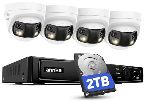 ANNKE 4K Überwachungskamera System, 8 Kanal 12MP NVR mit 2TB Festplatte, 4X 8MP Dual-Objektiv PoE Kamera, 180° Panoramablick, Dual-Light Farbnachtsicht, Personen-/Fahrzeugerkennung, Zwei-Wege-Audio
