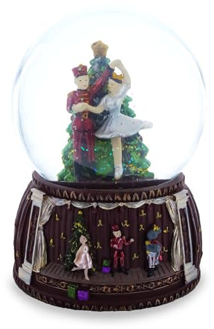 Nutcracker Ballet Whirl: Musical Water Snow Globe Figurine with Dancing Nutcracker and Ballerina around Christmas Tree