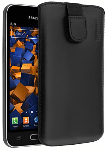 mumbi ECHT Ledertasche Samsung Galaxy J1 (2016) Tasche Leder Etui (Lasche mit Rückzugfunktion Ausziehhilfe)