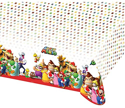 Amscan 9901539 - Tischdecke Super Mario, Größe 120 x 180 cm, Kunststoff, wasserabweisend, Luigi, Prinzessin, Super Mario World, Geburtstag, Mottoparty