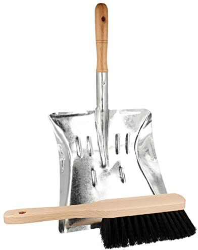 Lantelme 1 Kehrblech Metall und 2 Holz Handfeger im Set | Verzinkte Schaufel Breite 22cm und Handbesen mit Kunstfasern | Robuste Kehrgarnitur für Haus Werkstatt Garten und Haushalt | Kehrschaufel