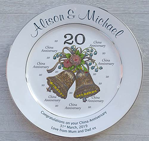All About Names Personalised China Wedding Anniversary Plate with 2 platinum bands - Bells + 20 design