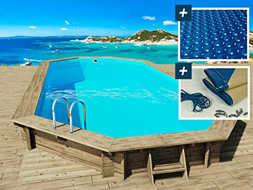 Habitat et Jardin Piscine Bois Ibiza 145 - 8.57 x 4.57 x 1.45 m + Bâche à Bulles 180 µ + Bâche Hiver 280 GR/m²
