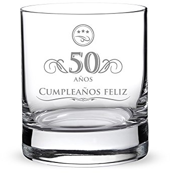 AMAVEL Vaso de Whisky para Hombres de Vidrio Grabado 50 Años Capacidad 320 ml