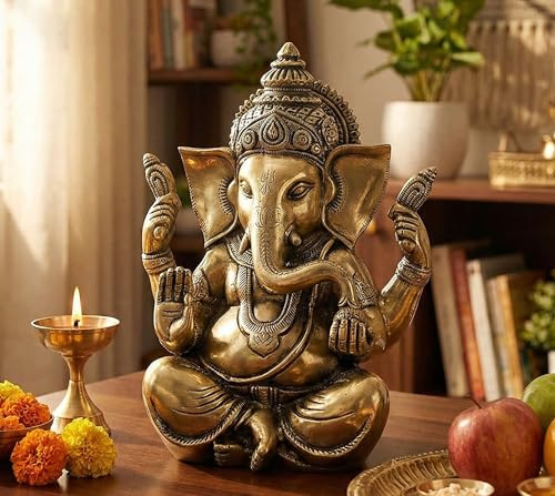 eSplanade Ganesha aus Messing, Antik-Finish, 20,3 cm, Pooja Puja Ganesha Idol, 8 Ganesh, Goldfarben