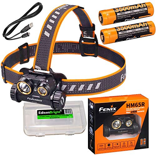 Fenix HM65R Dual-Beam 1400 Lumen LED Scheinwerfer, 2 x Hochleistungs-Batterien mit EdisonBright Akku-Tragetasche.