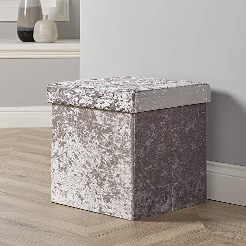Home Source Folding Ottoman, Velvet Fabric Storage Square Box, Ice Silver