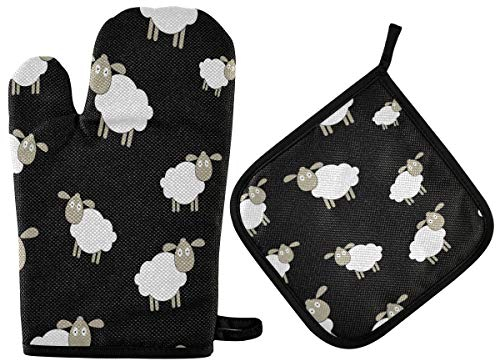 HMZXZ RXYY Abstrakt Lamb Schaf Muster Ofenhandschuhe Gesteppt Baumwolle Beschichtung Topflappen BBQ Handschuhe-Ofenhandschuhe Hitzebeständig Küche Sicher Matten für Backen Kochen