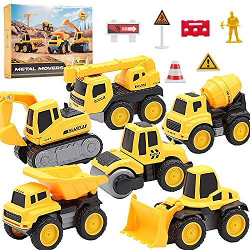 OBEST Jouets de Véhicule de Construction, Ensemble de Voiture pour Tout-Petits, 6 Types de Panneaux de Signalisation de Barricade de Véhicule de Construction + Carte avec Scène de Stationnement