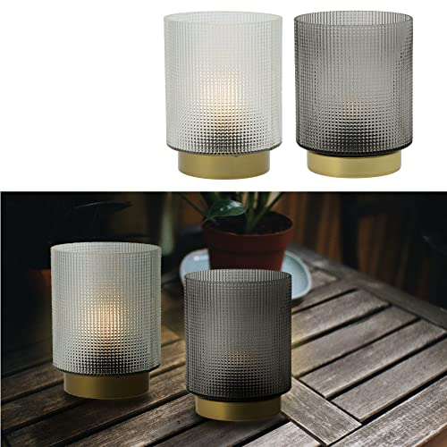 Cepewa LED Tischleuchte 2er Set H15cm │Glas weiß grau Reliefmuster │Stimmungslicht Lampenset batteriebetrieben (1 x 2er Tischleuchte 15cm)