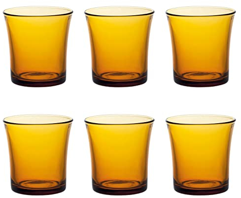 Set de 6 vasos de cristal templado 21 cl, color ámbar, modelo Lys, vasos para agua, bebidas, 7,8 x 8 cm, resistentes a los golpes y choques térmicos, aptos para microondas, lavavajillas