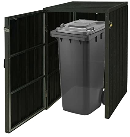 1er WPC-Mülltonnenverkleidung HWC-J28, Premium Mülltonnenbox, Metall Holzoptik, erweiterbar - anthrazit