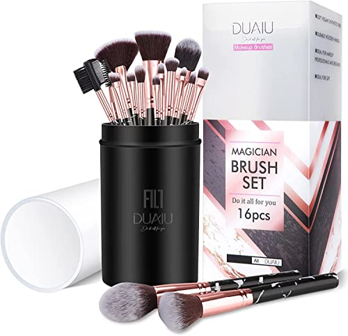 DUAIU Set de Brochas de Maquillaje - 16 Piezas Profesional Set Pinceles Maquillaje - Fibras Veganas Pinceles Sintéticos Para Correctores en Polvo de Base Blush Eyeshadow (Negro)