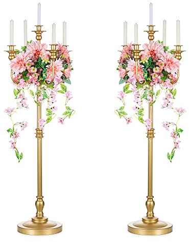 Sziqiqi 124cm Or Bougeoir Chandelier en Métal Lot de 2, Candélabre à 5 Bras Porte-Bougeoir Antique Décor Centre de Table pour Fête Mariage