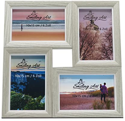 Smiling Art Bilderrahmen Fotorahmen Collage für 4 Fotos, Foto Collage aus MDF Holz mit Glas (Hellgrau, 4 x 10 x 15 cm)