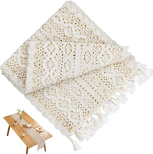 iYinJuan Tischläufer Boho, Beige, 24 * 180 cm, Vintage Makramee Tischläufer, Häkelspitye Stickerei Tischläufer, Tischdecke aus Baumwolle mit Quasten für Party Hochzeit Esstisch Dekor