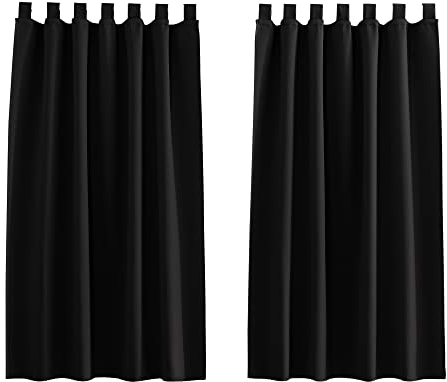 PONY DANCE Kurze Gardinen Schwarz Verdunklungsvorhänge - Schlaufengardinen 2er Set Blickdichte Gardinen mit Schlaufen Thermovorhang gegen Kälte und Hitze, H 145 x B 140 cm