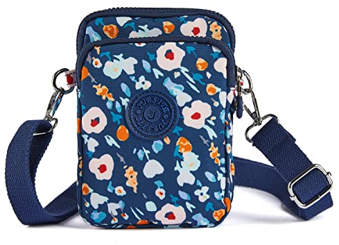 LaRechor Petite Sac Bandoulière en Nylon Sac Téléphone Portable Mini Sacoche Femme Fille 3 Compartiments Pochette Bandouliere à Fleurs pour Voyage
