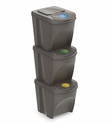 Spetebo Sortibox Mülleimer mit Deckel 25 L - 3er Set/steingrau - Stapelbares Müll Trennsystem - Abfall Sortierer Trenner Sytem Trennkörbe stapelbar mit Klappe