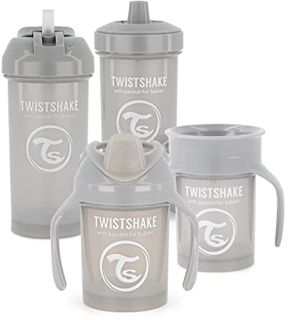 Twistshake Baby Sippy Cup Set - 4 Pieces | 1 x 360 Cup - 1 x Mini Cup - 1 x Straw Cup - 1 x Kid Cup | Baby Drinking Cup | Leak-Proof Baby Water Bottles | BPA-Free Leak-proof Cup | 4+ Months | Grey