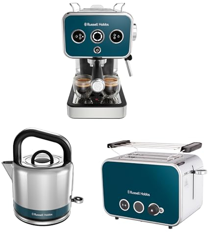 Russell Hobbs Tostadora de 2 Rebanadas y Hervidor de Agua Eléctrico de 1.5 Litros y Cafetera Espresso de 15 Bares Azul Acero Inoxidable