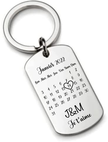 Porte Clé Personnalisé Cadeau Saint Valentin Pour Homme Femme Date de Rencontre Calendrier en inox miroir Anniversaire Noël idéal pour un couple Porte clef Pour St Valentin