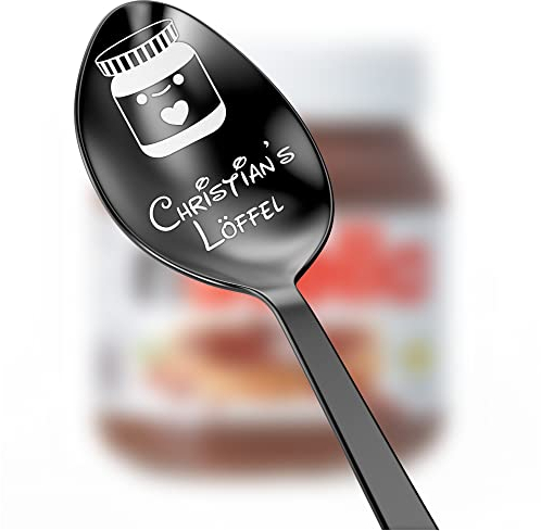 Geschenkfreude Löffel personalisiert mit Gravur - personalisierte Geschenke für Männer und Frauen mit Namen - Vatertagsgeschenke - Geschenk Freundin - langer Löffel für Schokocreme – Schwarz