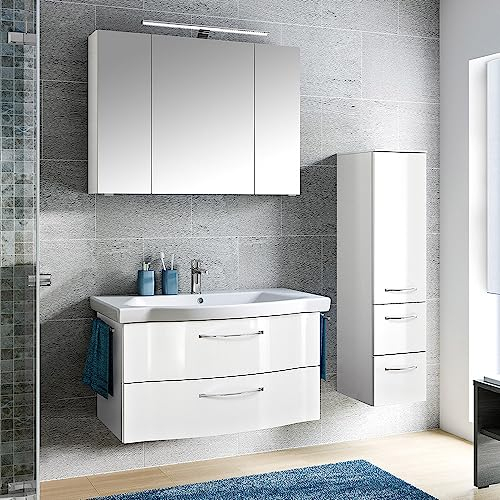 Lomadox Bad Kombination mit Spiegelschrank, LED Beleuchtung und 97cm Waschbecken in weiß Hochglanz, B/H/T ca. 143/200/51,5 cm