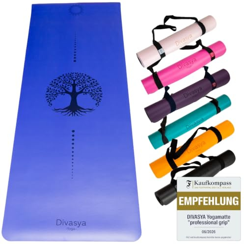DIVASYA Premium Yogamatte rutschfest: Naturkautschuk rutschfest & japanische professional grip Oberfläche | 185x68x0,45cm | Tragegurt | 4,5mm dicke Yoga Matte rutschfest