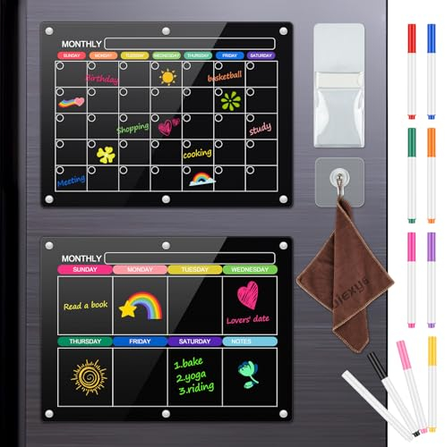 Bouiexye 2 Pcs Acrylic Magnetic Calendar for Fridge Monthly and Weekly 16x12 Inch Reusable Clear Fridge Calendar Dry Erase Clear Refrigerator Calendar with 10 Colors Markers (Black)
