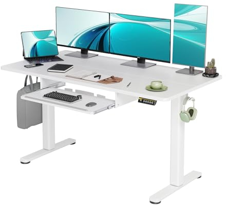 Claiks Schreibtisch Höhenverstellbar Elektrisch mit Tastaturablage, 140 x 60 cm Elektrischer Schreibtisch,Höhenverstellbarer Computertisch mit Memoryfunktion,Standing Desk,Weiß