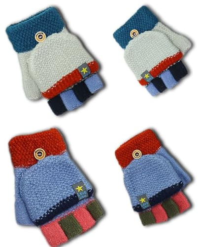 LYQQY Kind Gestrickte Fäustlinge, 2 Stücke Kinder Halbfinger Handschuhe Süß und Warm Kleinkinder Fingerlose Fingerhandschuhe mit Flip Top Warm Strickhandschuhe für Tägliches Tragen,6-13 Jahre Alt