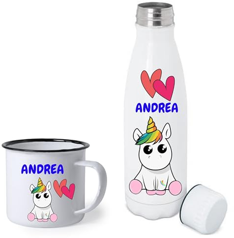 PERSONALIZABLE | Taza Unicornio y Botella 700 ML Personalizadas | Taza estilo retro 330 ML Y Botella Aluminio Personalizadas con el NOMBRE que quieras | Regalo Original (GUAY)